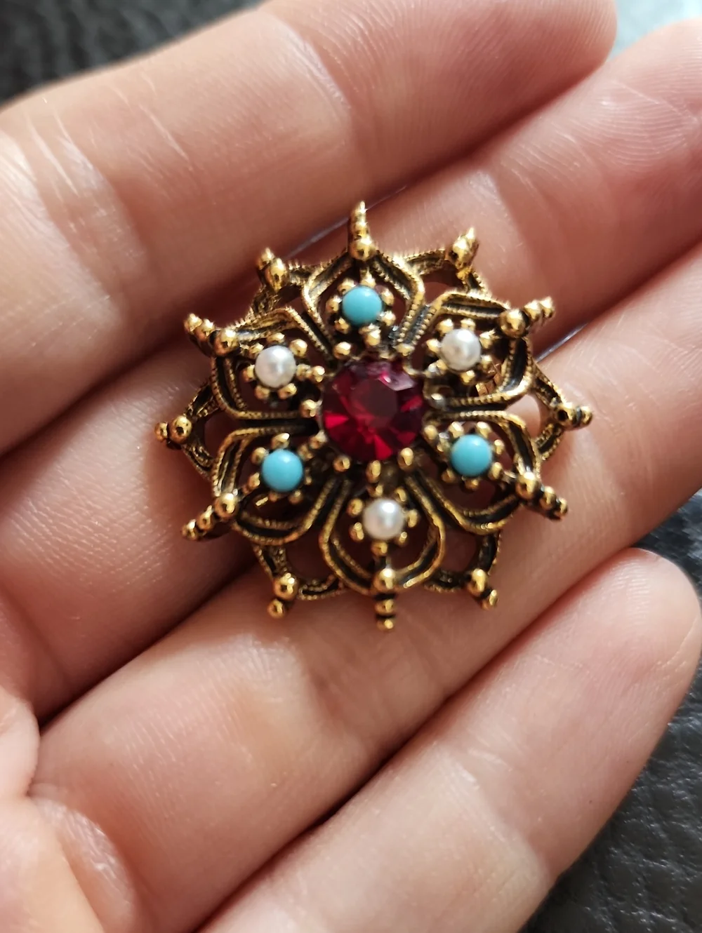 VTG Gold-Tone Floral Brooch with Red Crystal and Turquoise Accents